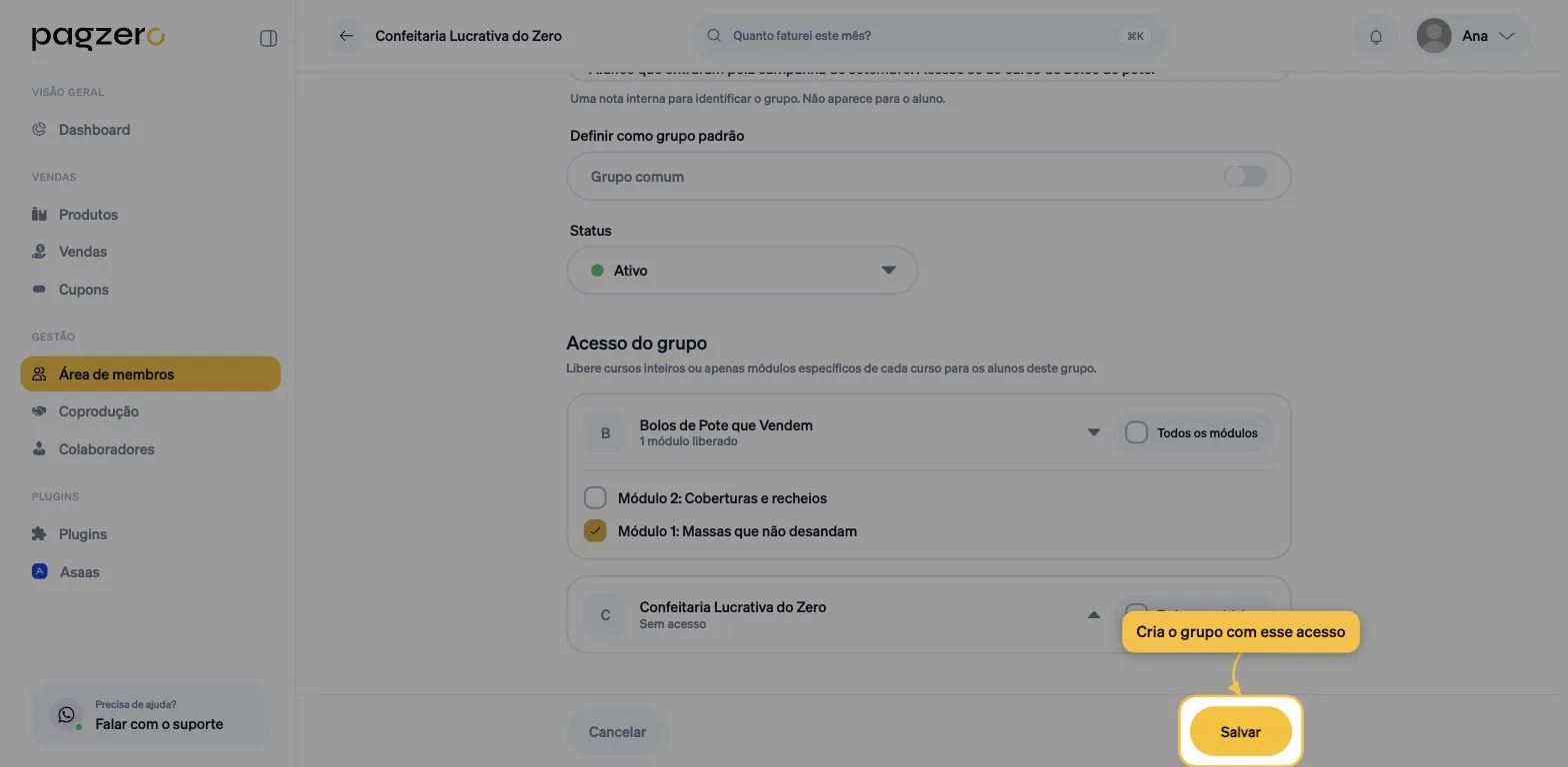 Formulário do grupo preenchido, com o botão Salvar destacado no rodapé