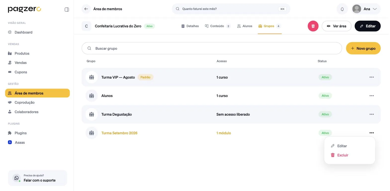 Menu de três pontos aberto na linha do grupo, com as opções Editar e Excluir
