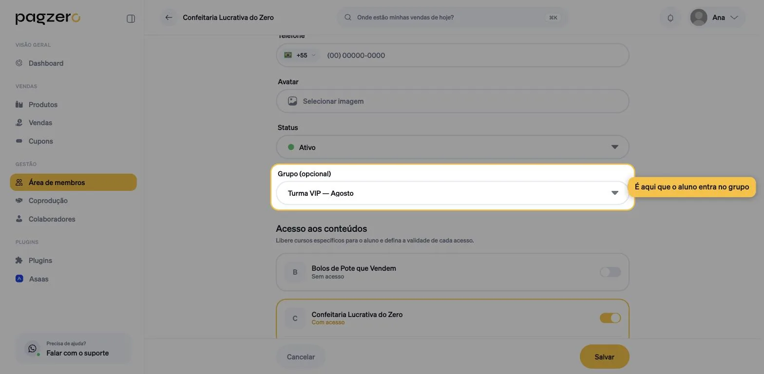 Ficha do aluno com o campo Grupo destacado e, abaixo, a seção Acesso aos conteúdos com toggles por curso