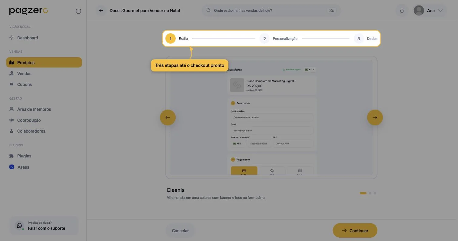 Assistente de criação de checkout com as três etapas no topo: Estilo, Personalização e Dados