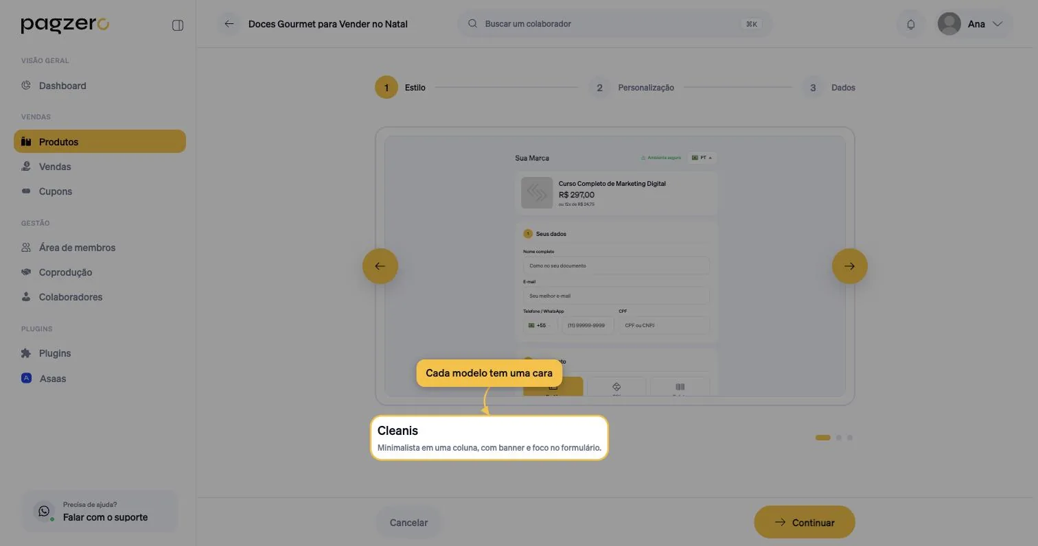 Assistente de checkout exibindo o modelo Cleanis com prévia real da página