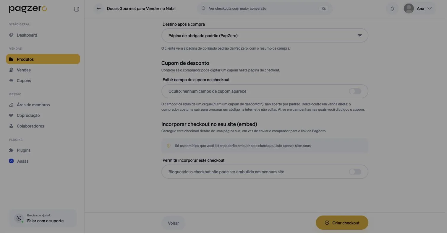 Terceira etapa exibindo Destino após a compra, Cupom de desconto e Incorporar checkout no seu site