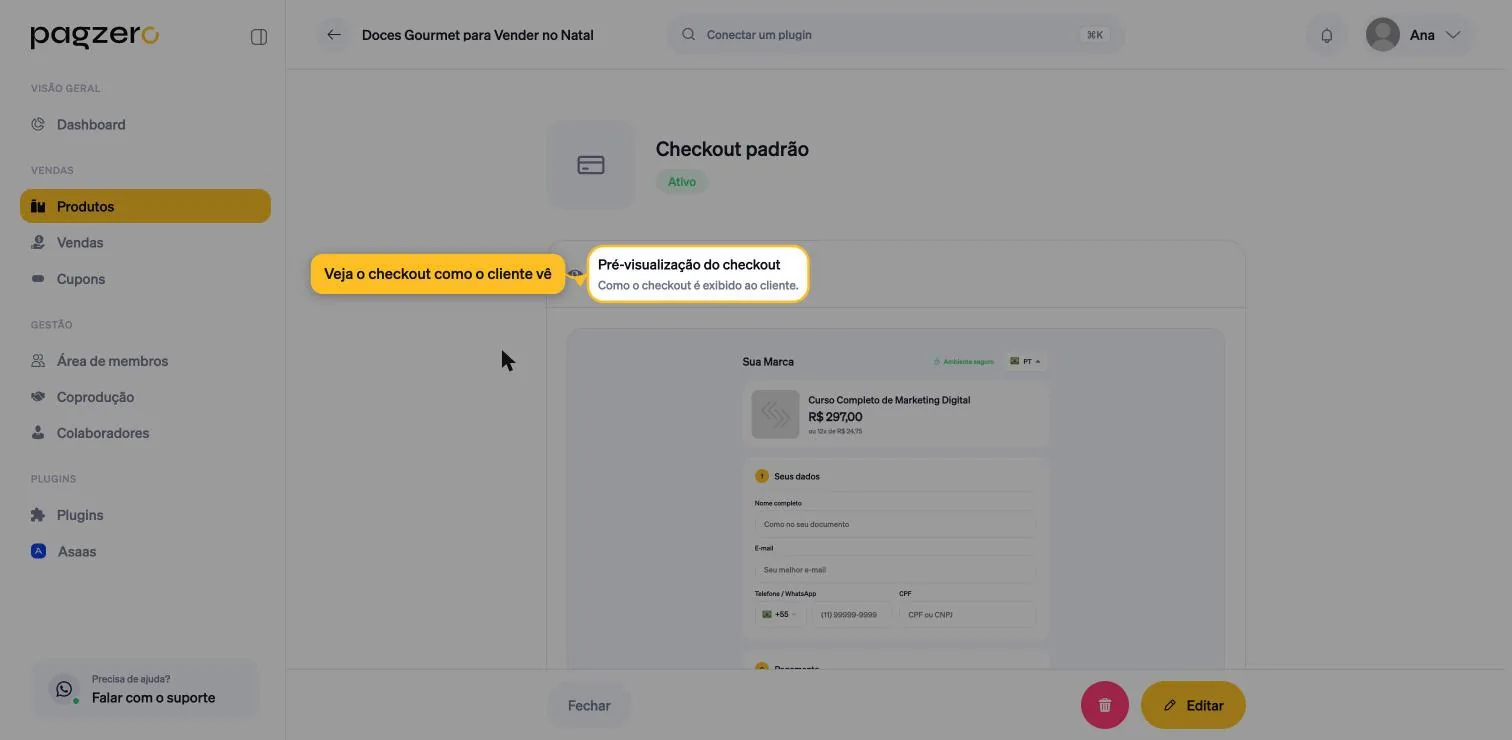 Tela do checkout criado exibindo a seção Pré-visualização, com a página renderizada dentro dela