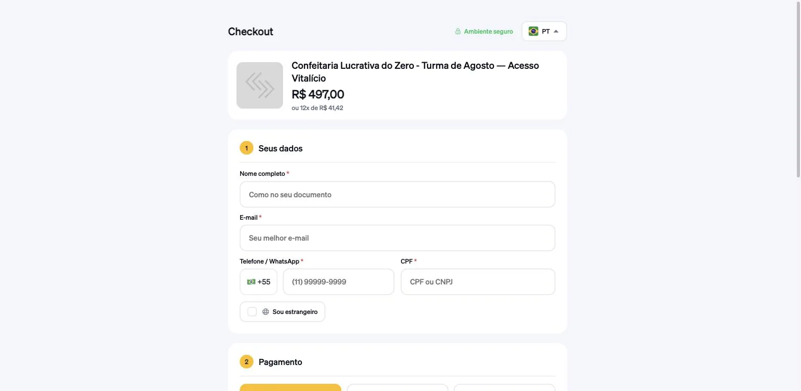 Checkout aberto no navegador com nome do produto, preço, parcelamento e o formulário de dados