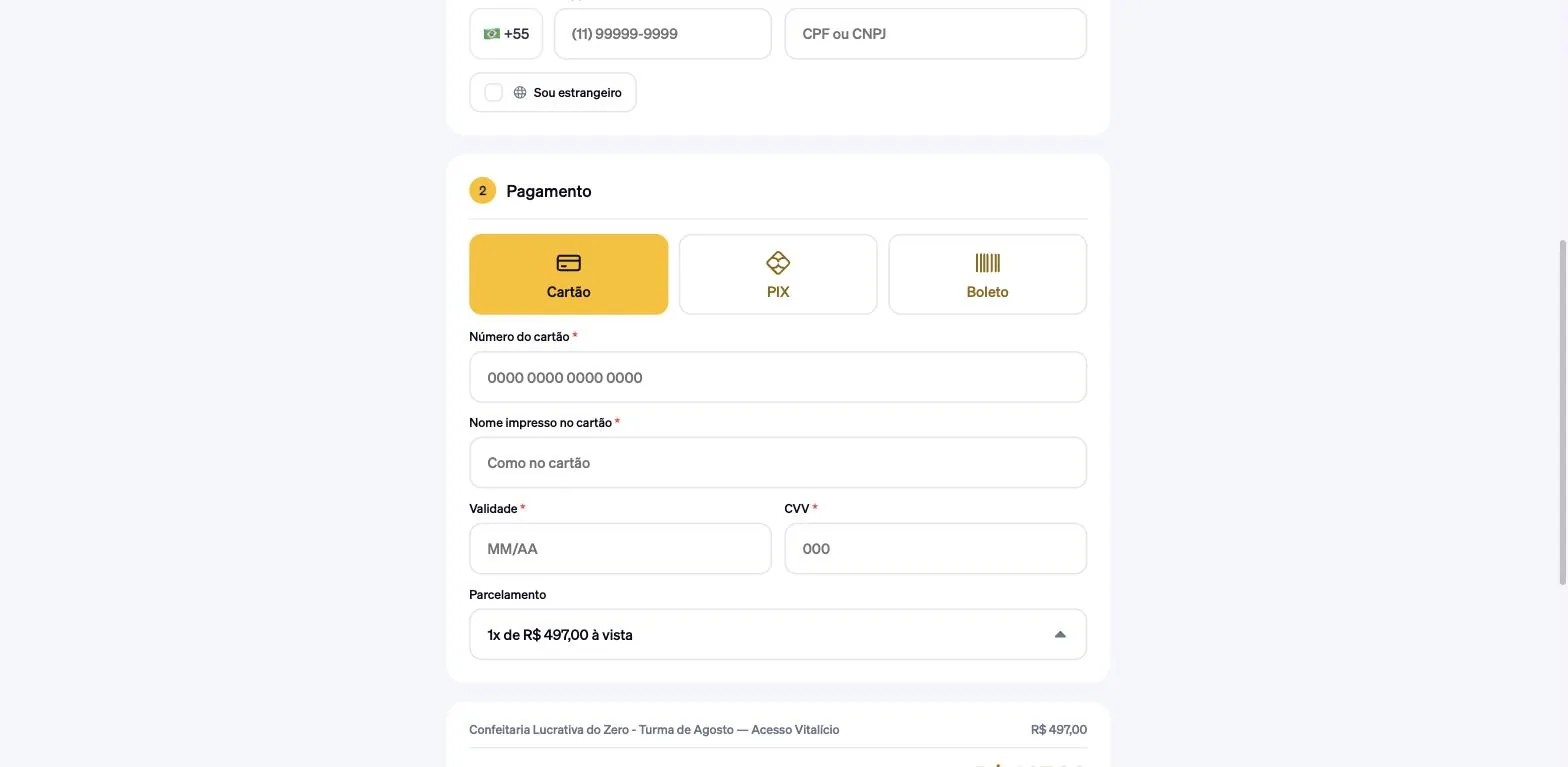 Passo 2 Pagamento com Cartão selecionado, exibindo número do cartão, nome, validade, CVV e parcelamento