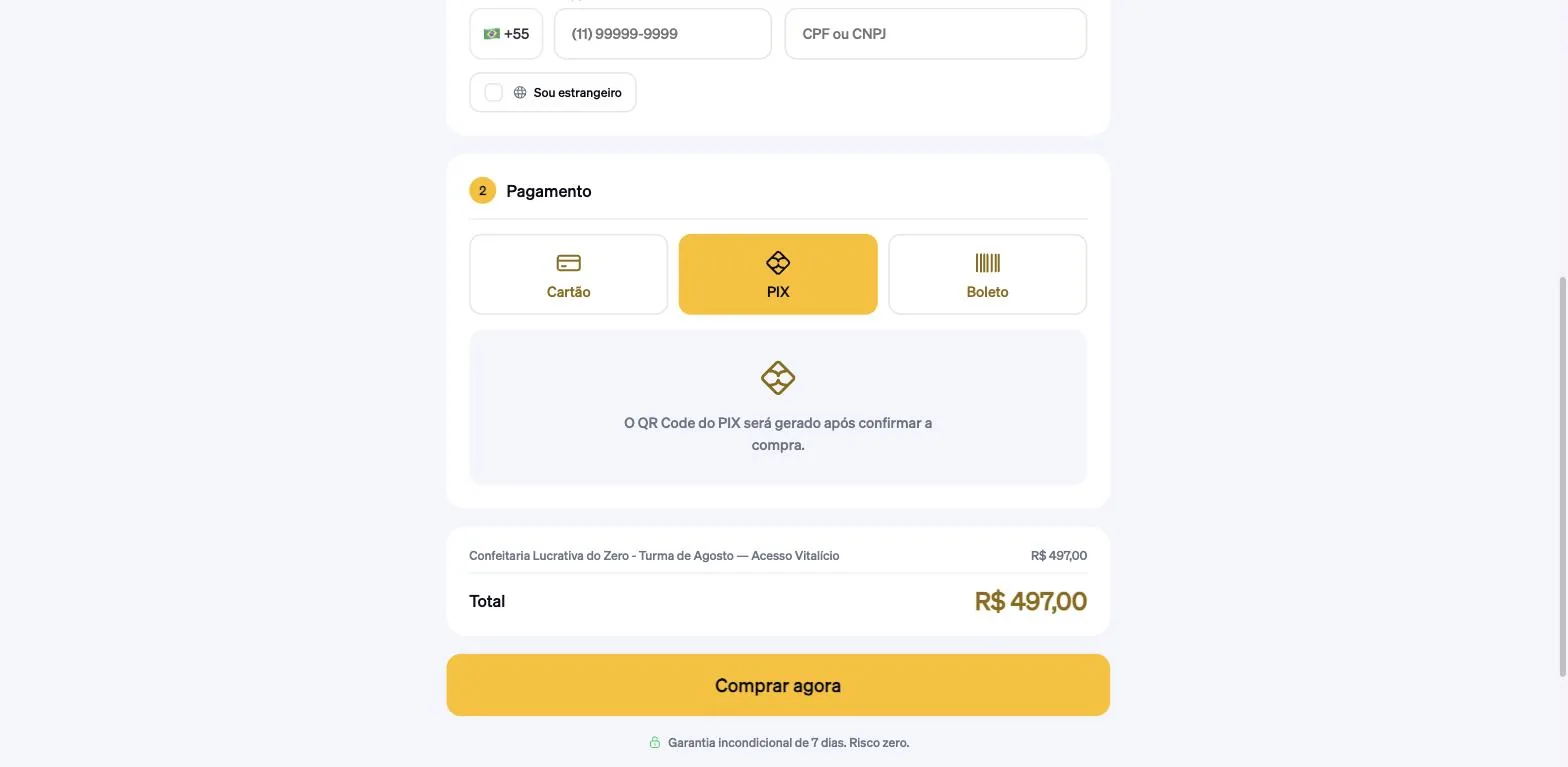 Rodapé do checkout exibindo Garantia incondicional de 7 dias. Risco zero.