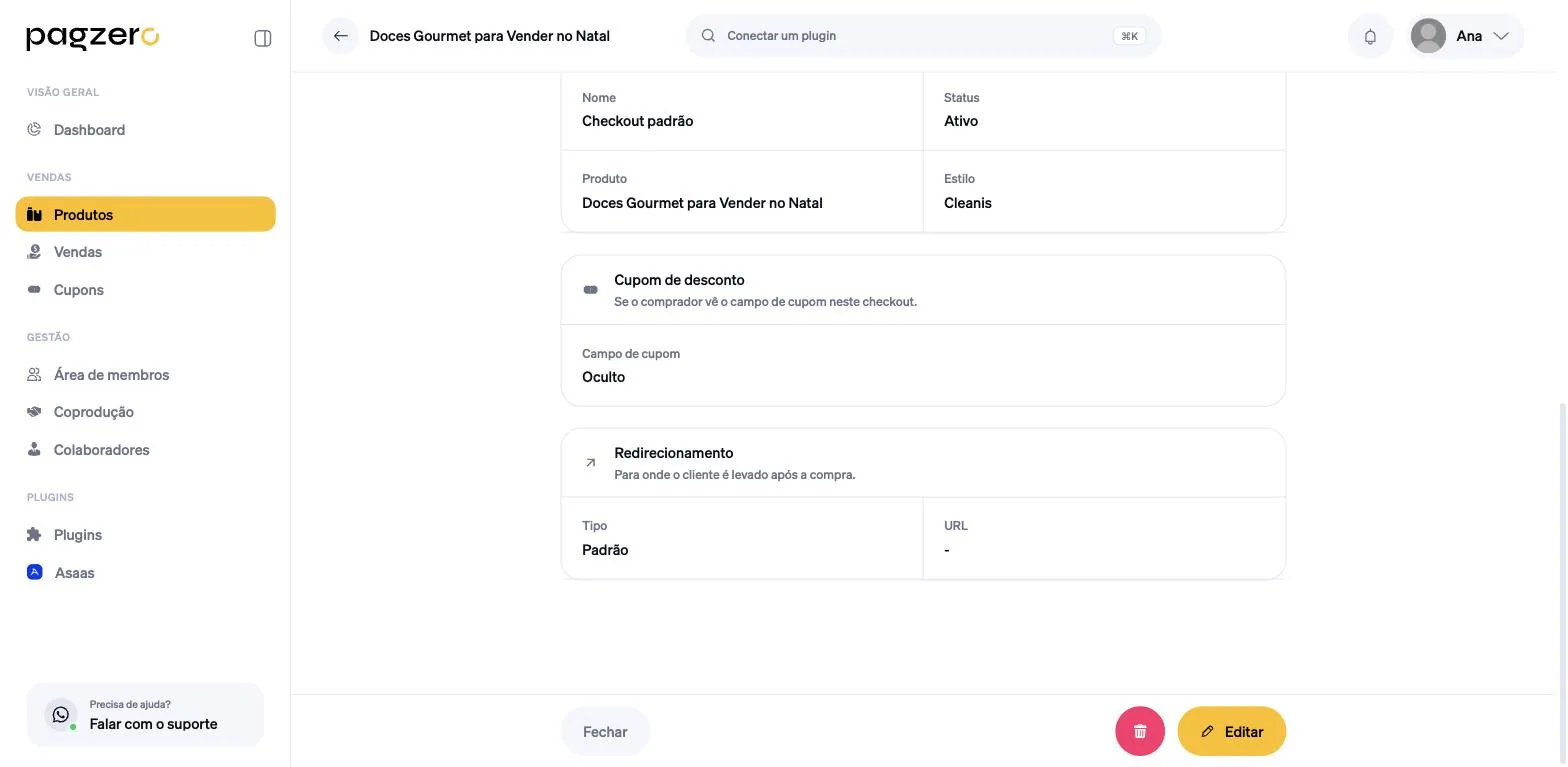 Resumo do checkout com Dados gerais, Cupom de desconto e Redirecionamento