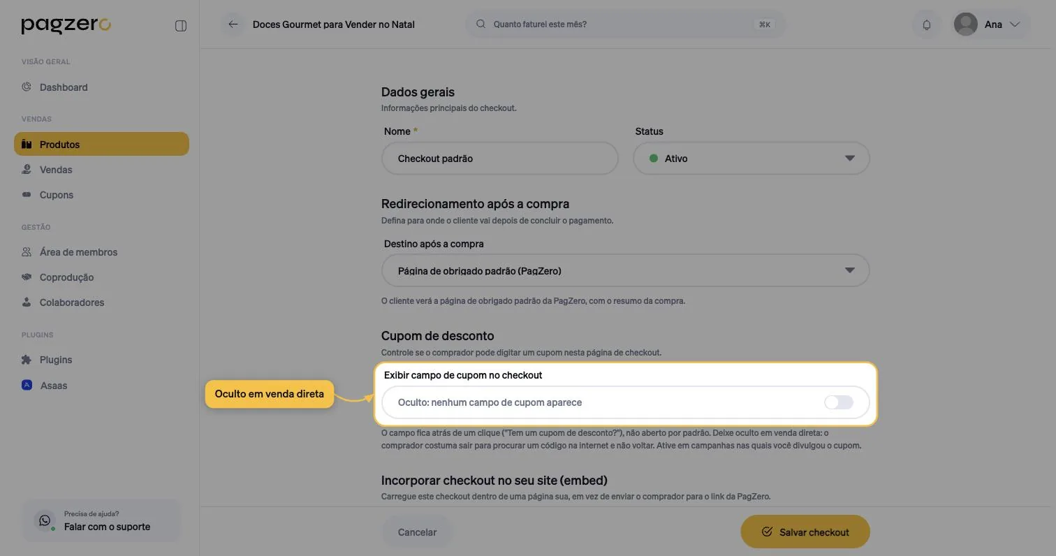 Chave Exibir campo de cupom no checkout, desligada, exibindo Oculto: nenhum campo de cupom aparece