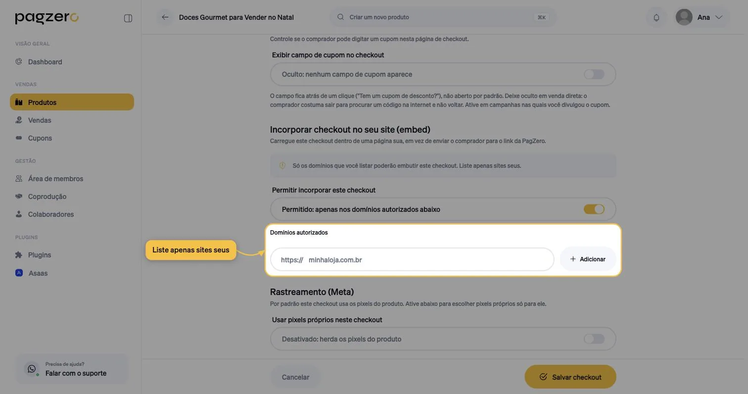 Campo Domínios autorizados com o prefixo https:// e o botão Adicionar ao lado