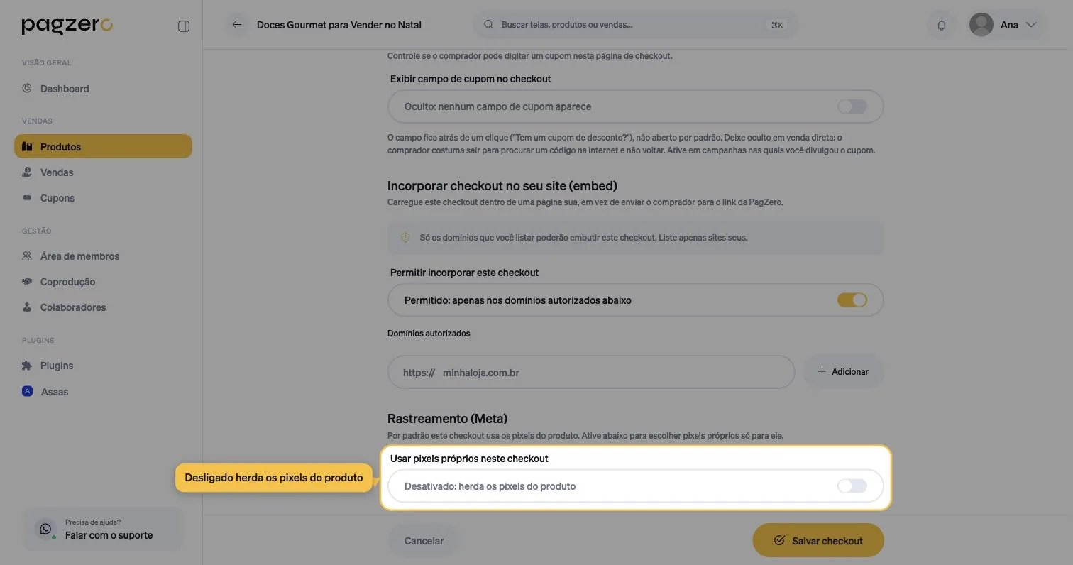 Chave Usar pixels próprios neste checkout, desligada, exibindo Desativado: herda os pixels do produto