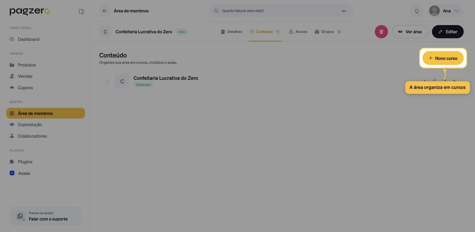 Tela da área de membros na aba Conteúdo, com o botão mais Novo curso destacado no canto direito