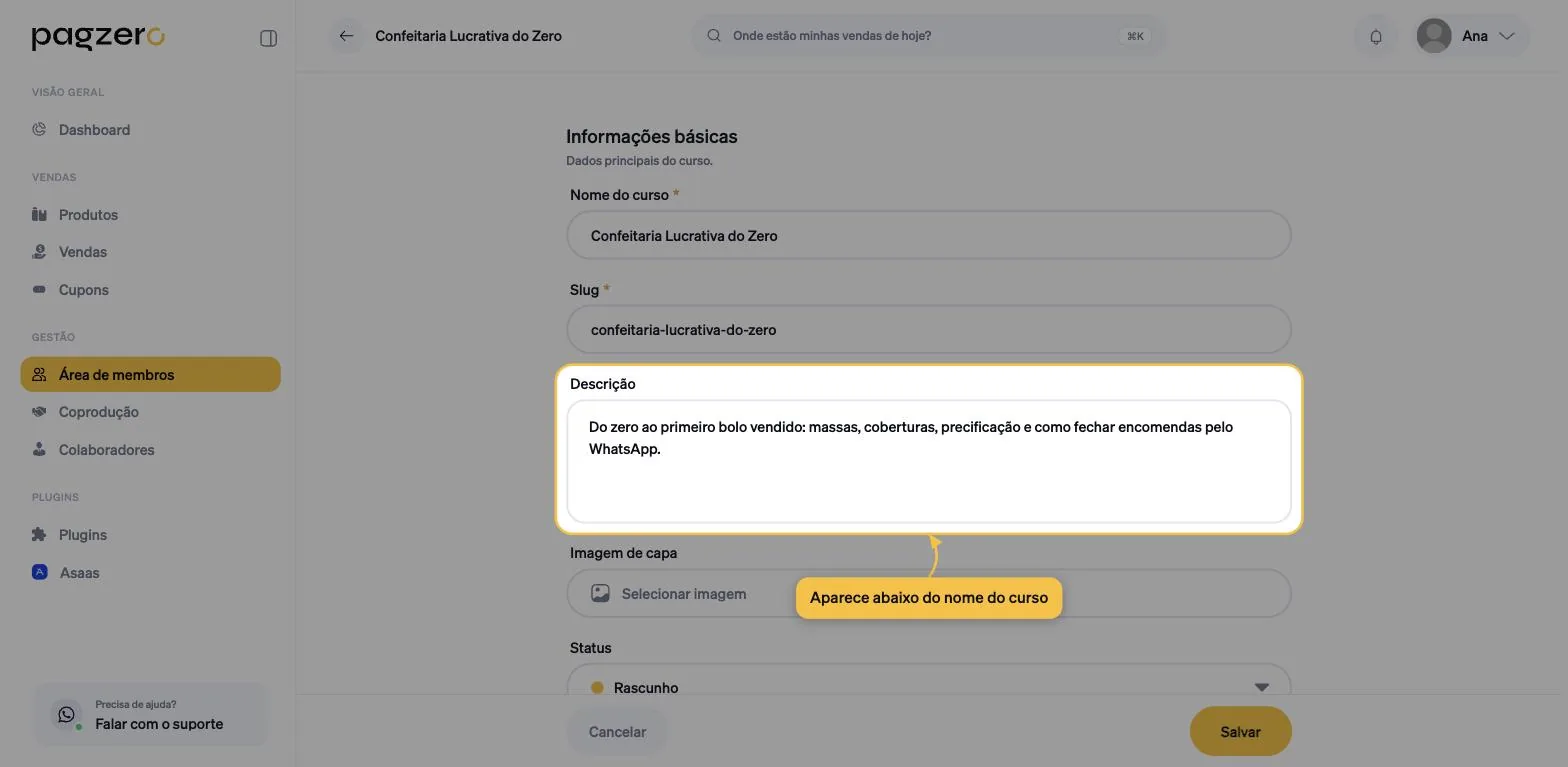 Campo Descrição destacado, com um texto de duas linhas sobre o conteúdo do curso