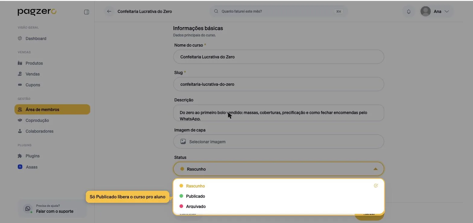 Campo Status com a lista aberta mostrando as opções Rascunho, Publicado e Arquivado, cada uma com um ponto colorido