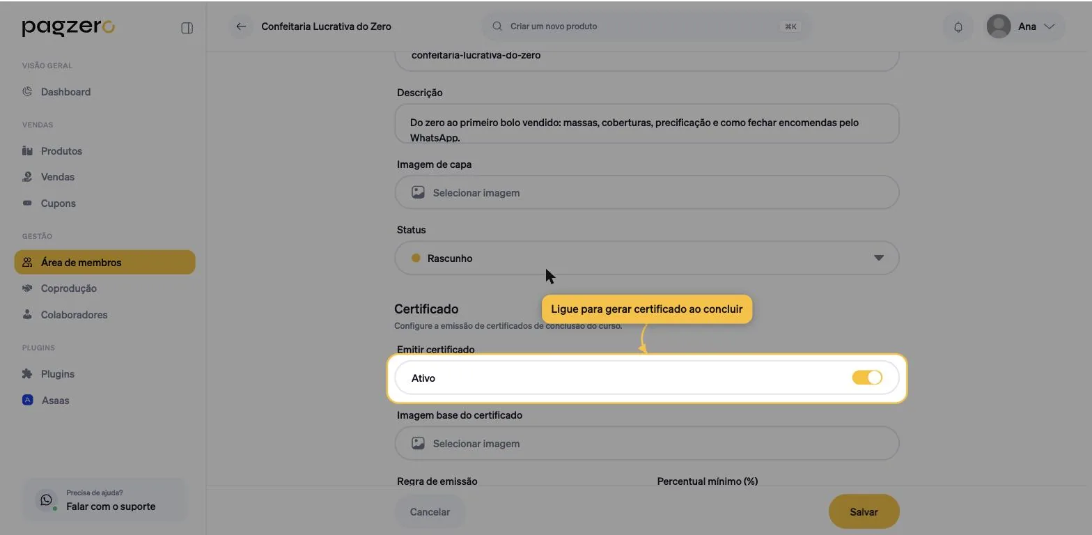 Toggle Emitir certificado ligado, marcado como Ativo, revelando campos abaixo