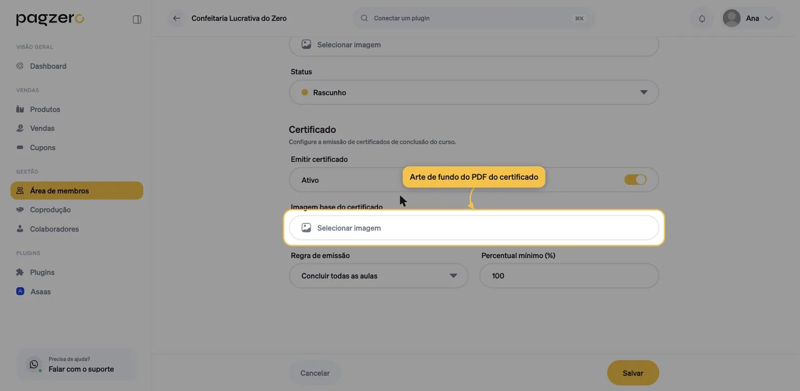 Campo Imagem base do certificado destacado, com o botão Selecionar imagem
