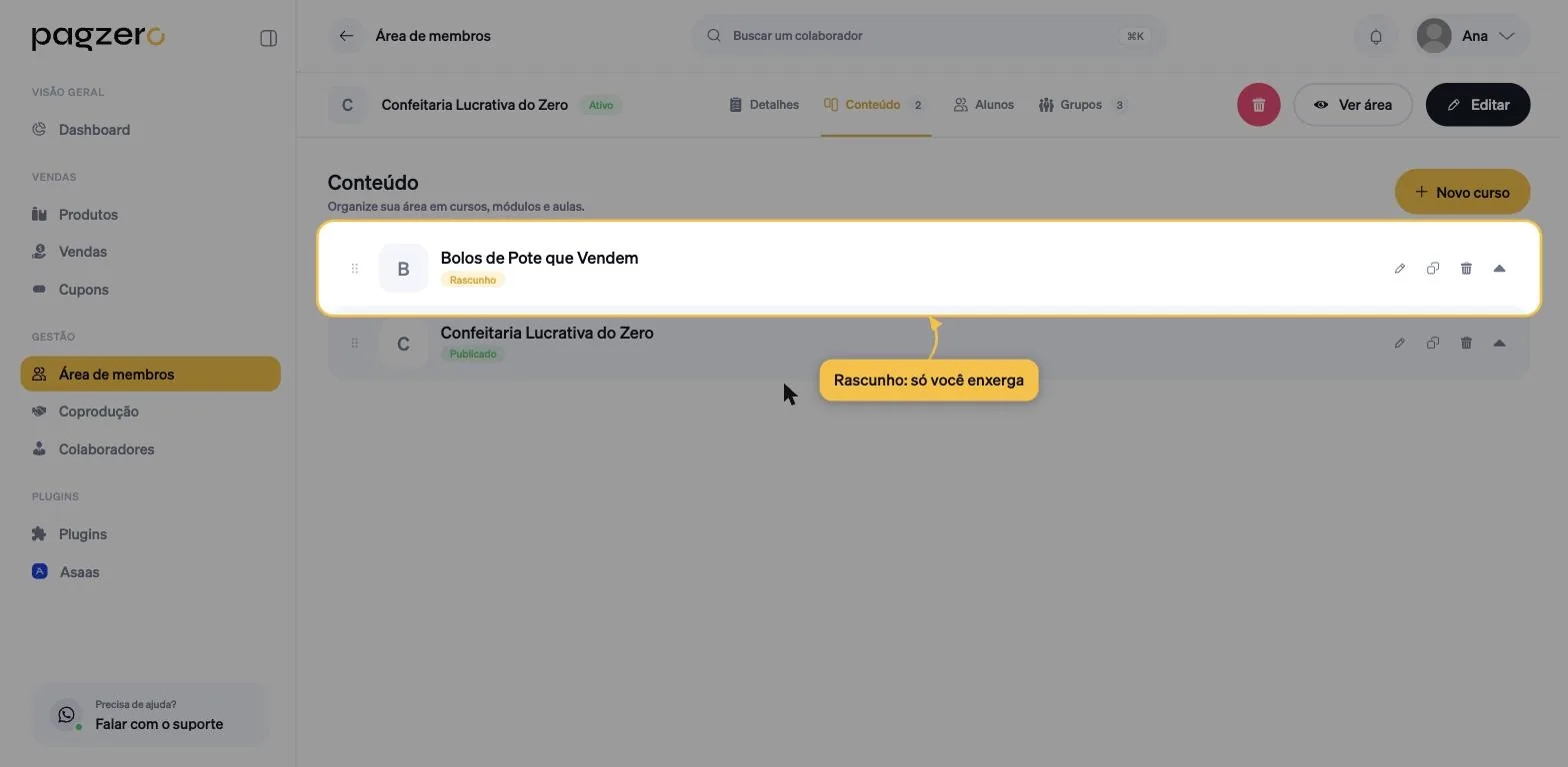 Lista de conteúdo com o curso recém-criado destacado, exibindo a etiqueta Rascunho