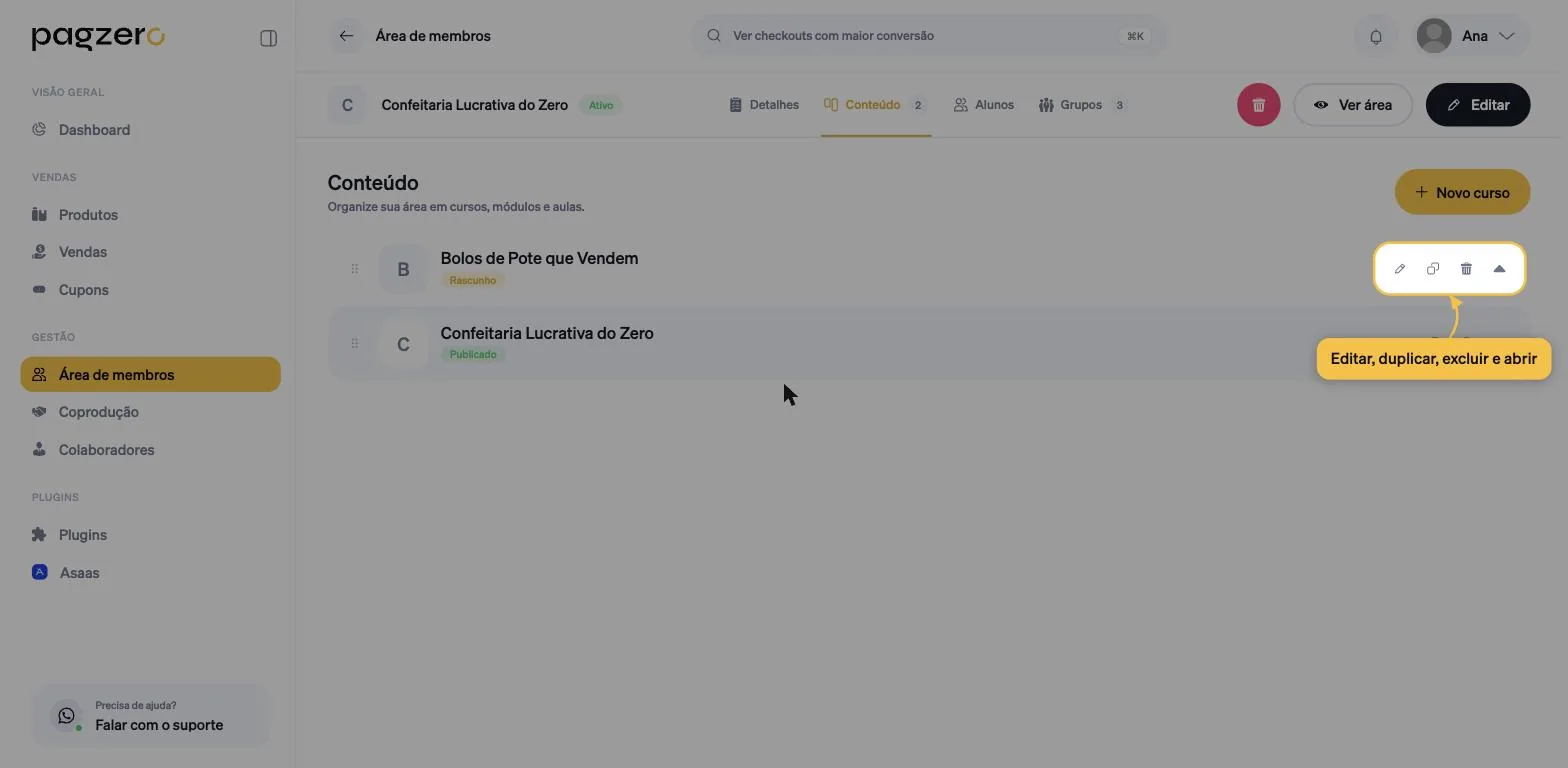Quatro ícones de ação destacados na linha do curso: lápis, duas folhas, lixeira e seta