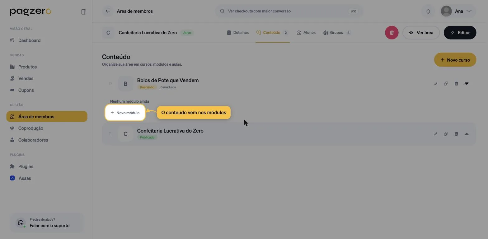 Curso expandido mostrando zero módulos, a mensagem Nenhum módulo ainda e o botão Novo módulo destacado