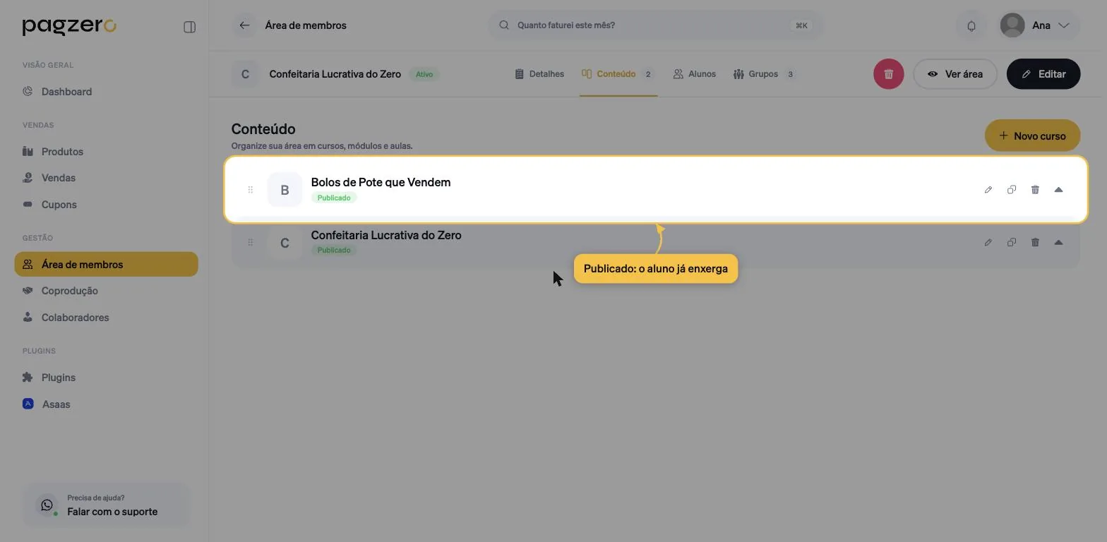 Lista com o curso destacado exibindo agora a etiqueta verde Publicado