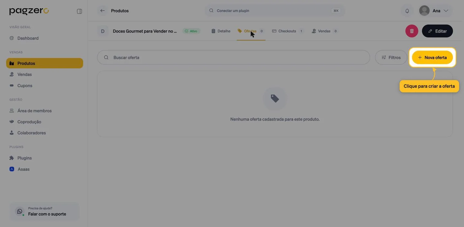Aba Ofertas vazia, com o botão Nova oferta destacado no canto superior direito
