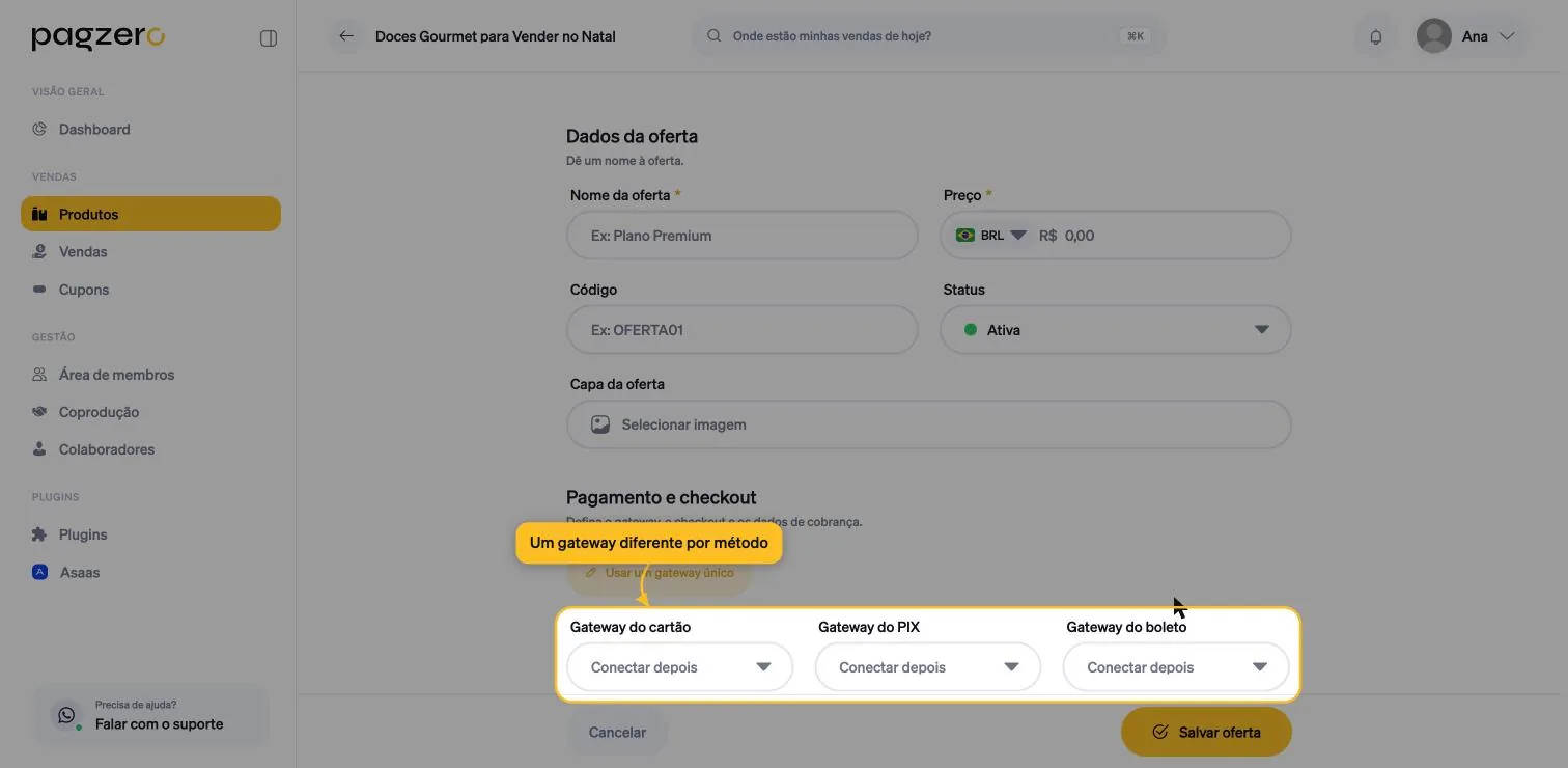 Modo por método aberto, exibindo três seletores: Gateway do cartão, Gateway do PIX e Gateway do boleto