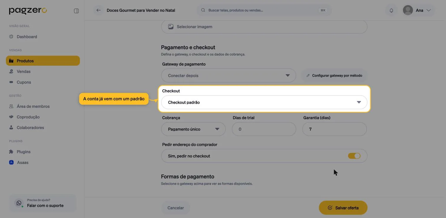 Campo Checkout destacado, com a opção Checkout padrão