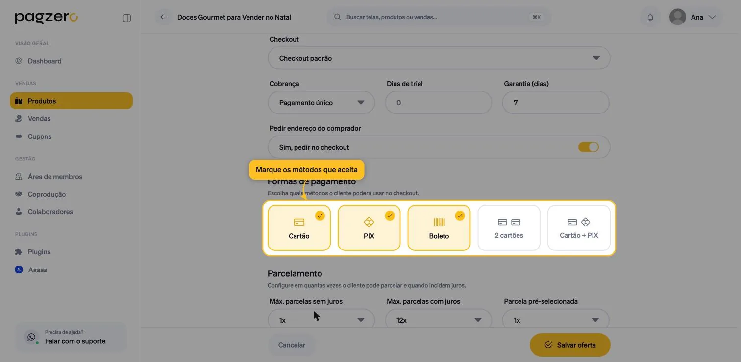 Seção Formas de pagamento com cinco opções: Cartão, PIX e Boleto marcados, mais 2 cartões e Cartão + PIX