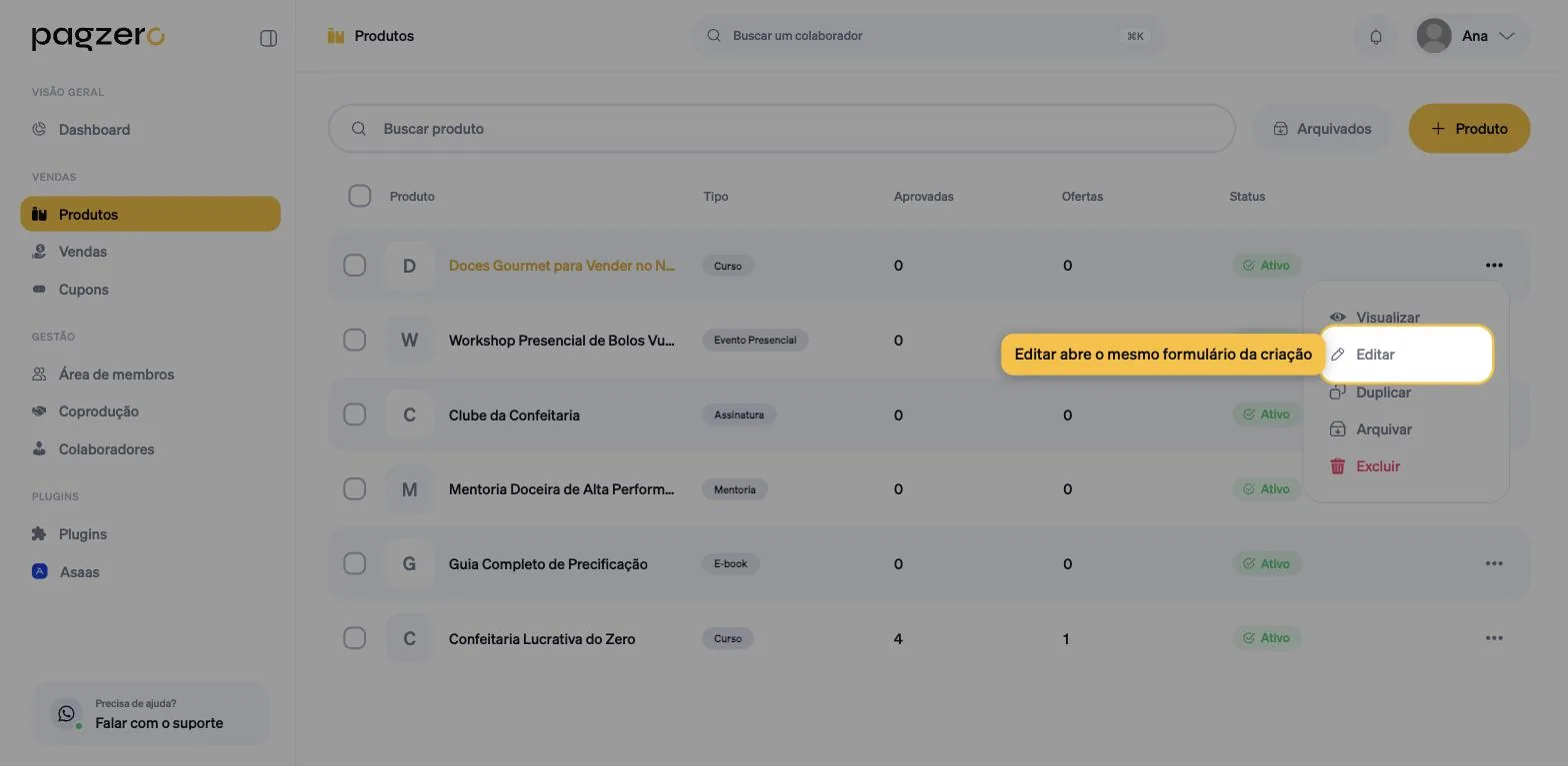 Menu de ações do produto aberto na lista, com a opção Editar destacada