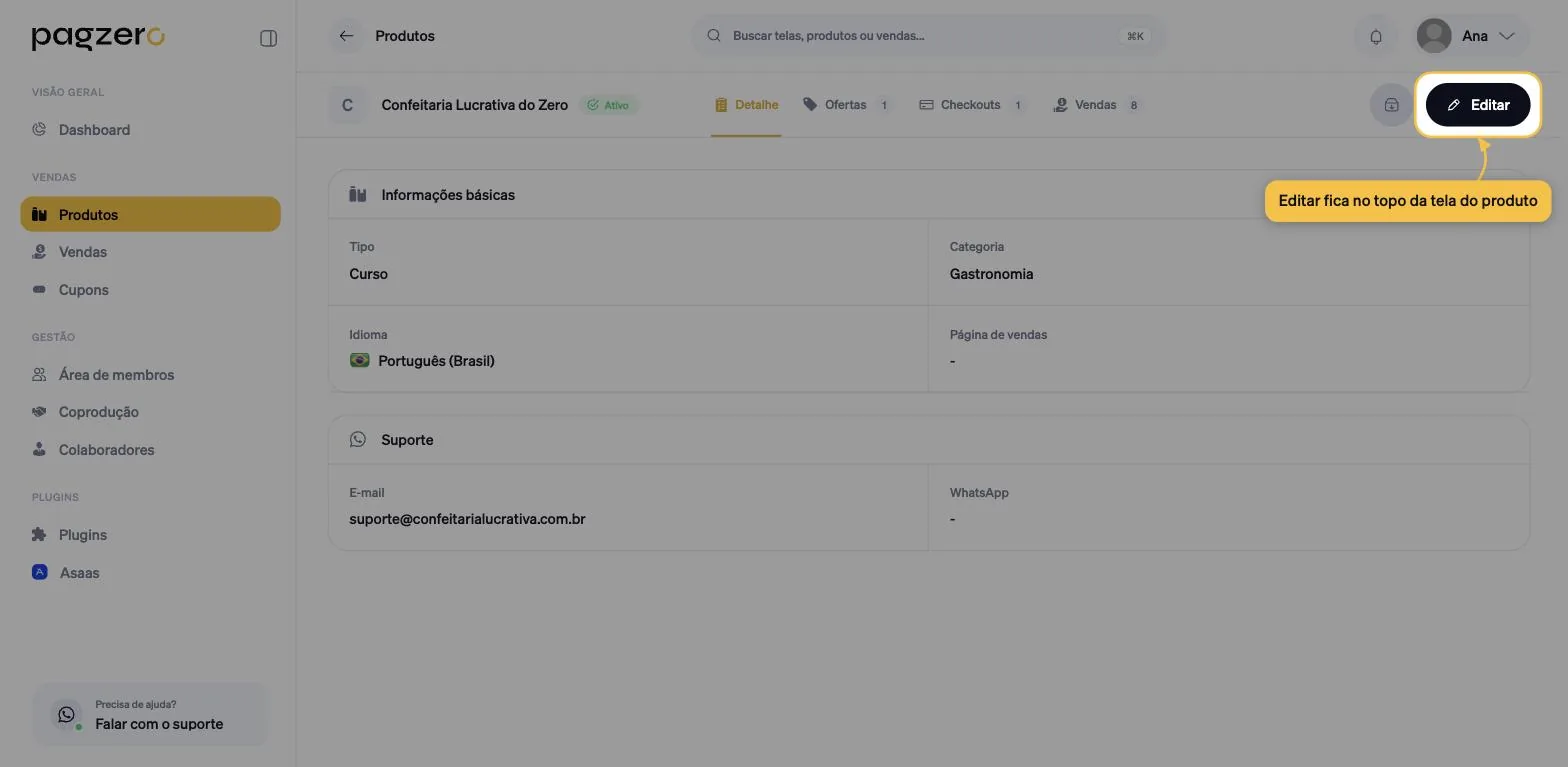 Tela do produto com o botão Editar destacado no canto superior direito
