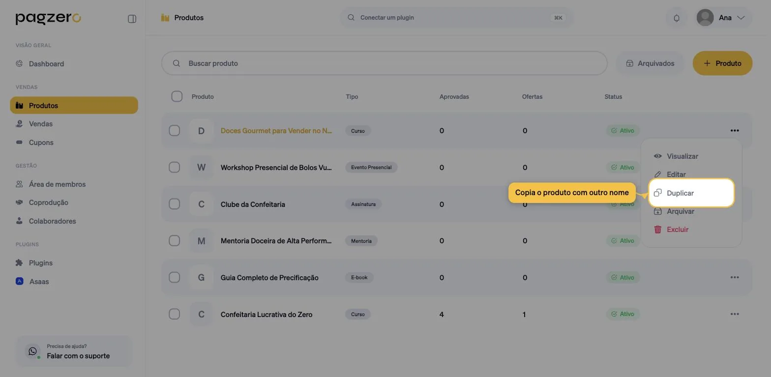 Menu de ações do produto com a opção Duplicar destacada