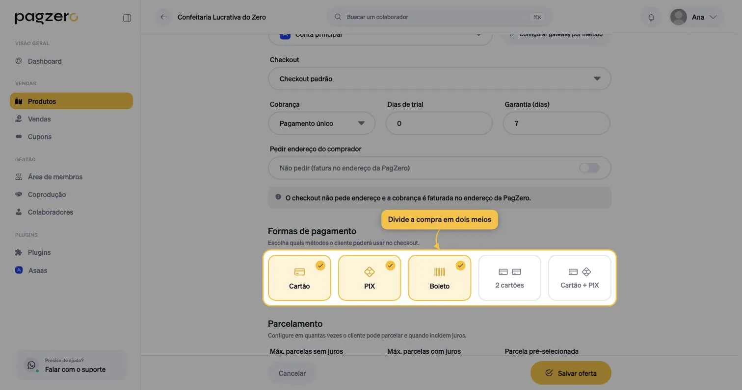Os cards 2 cartões e Cartão + PIX destacados ao lado dos métodos simples