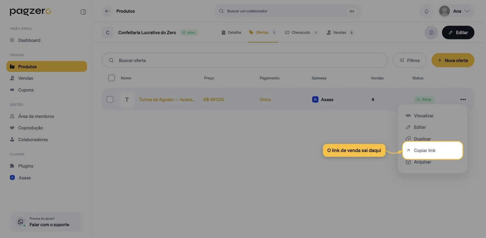 Menu de ações da oferta aberto, com a opção Copiar link destacada