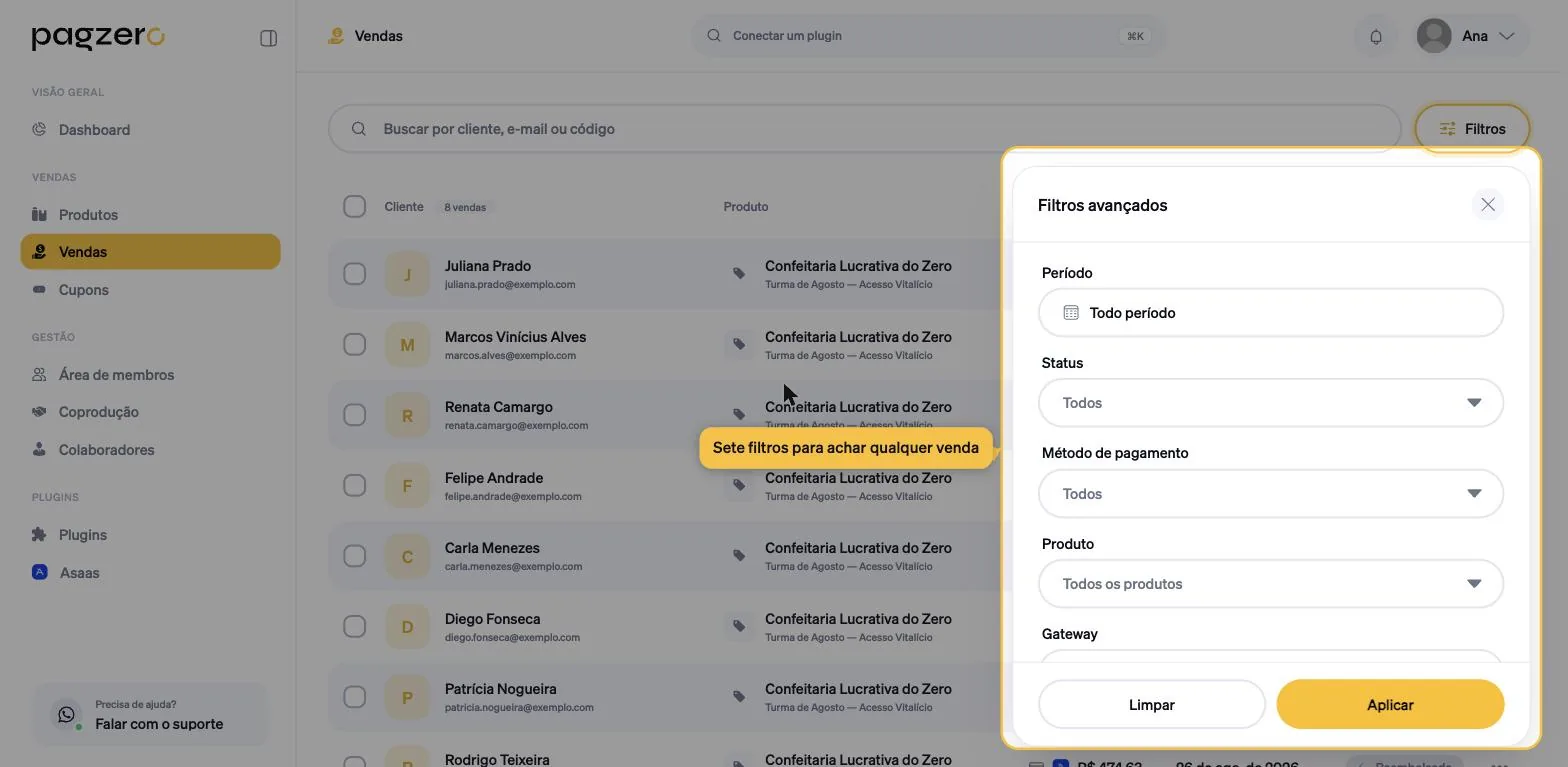 Painel de filtros avançados aberto, com Período, Status, Método de pagamento, Produto e Gateway