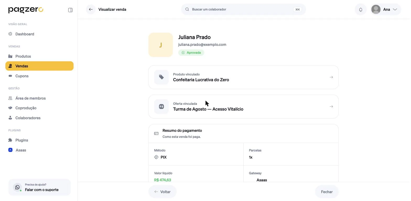 Detalhe da venda com o comprador, status Aprovada, produto e oferta vinculados, método PIX e valor líquido