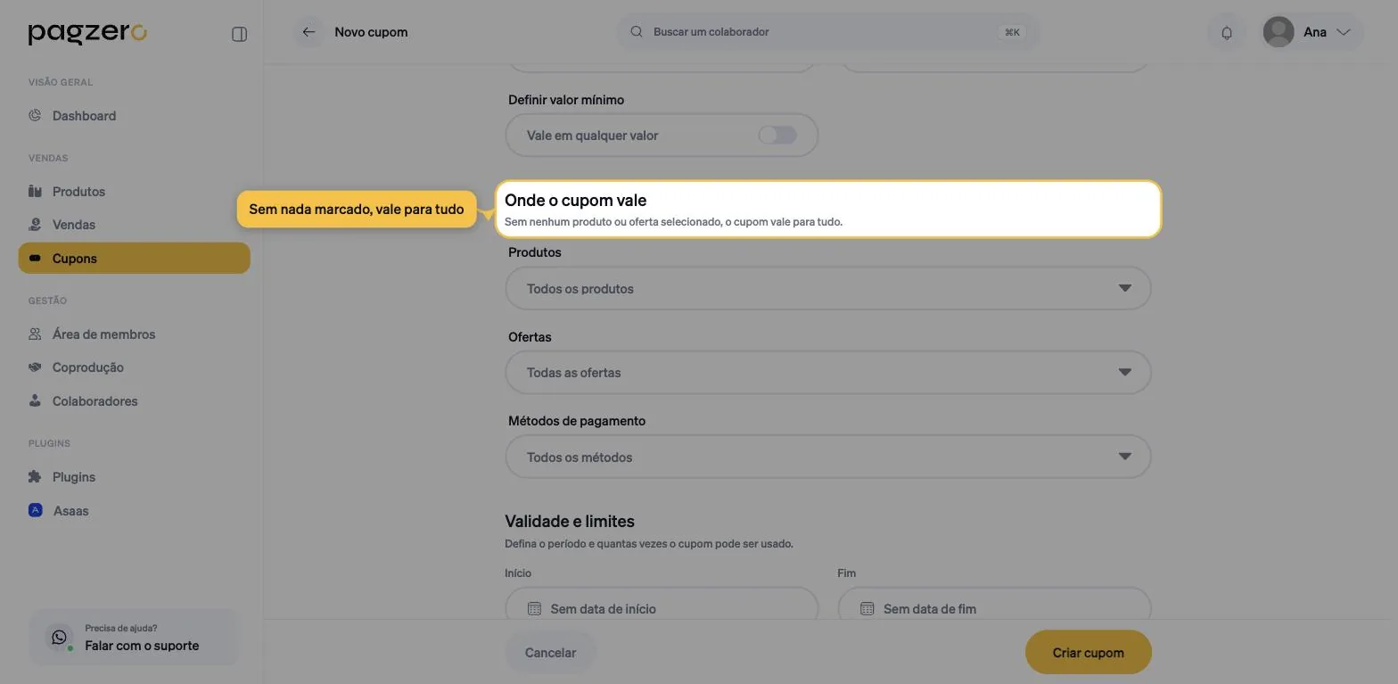 Seção Onde o cupom vale, com os filtros Produtos, Ofertas e Métodos de pagamento, todos em Todos