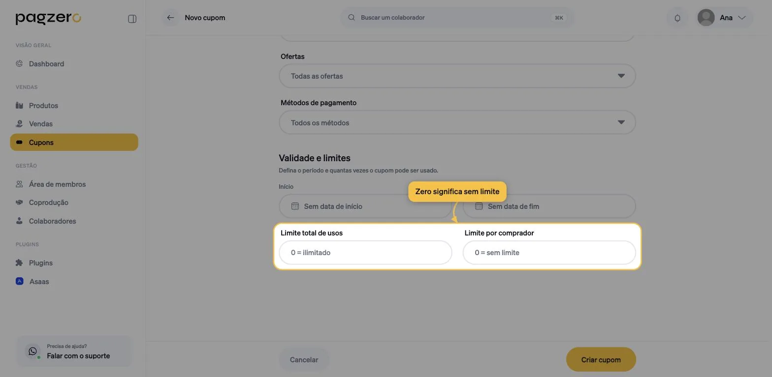 Campos Limite total de usos e Limite por comprador, com os placeholders zero igual a ilimitado